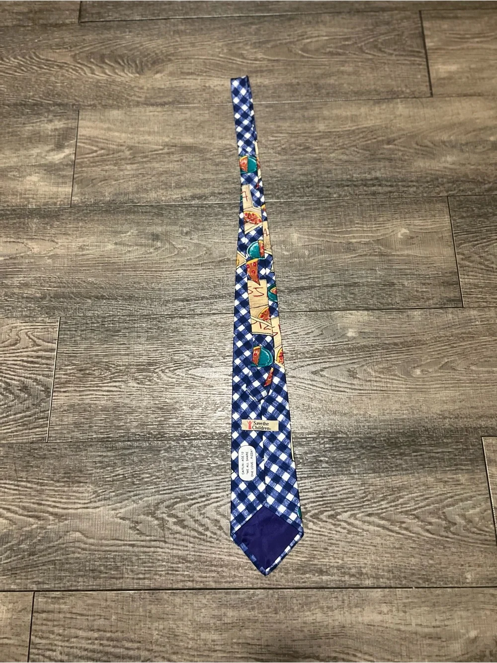 Vintage Save the Children Silk Tie - Blue Gingham Pizza Art by Caitlin (1997)